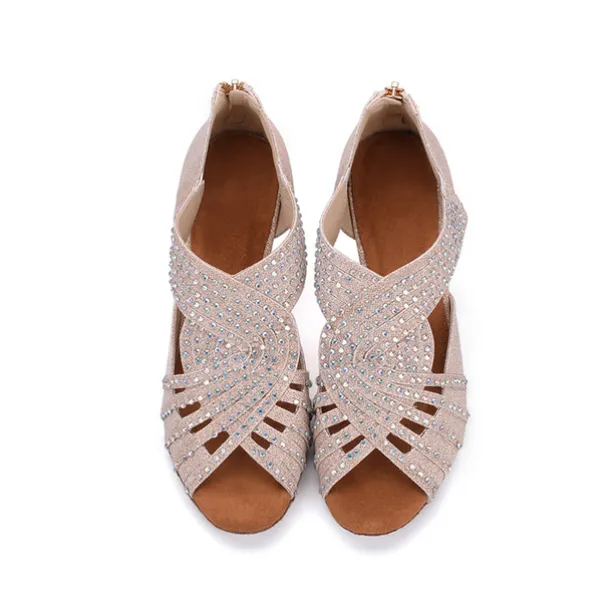 Women's Rhinestone Dance Sandals – Glittering Open-Toe Ballroom Shoes with Zipper Closure for Salsa, Latin, and Dance Events