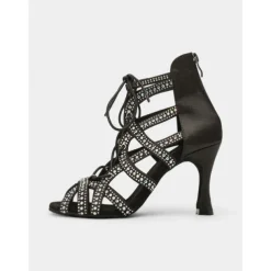 Women's Rhinestone Lace-Up Strappy Dance Shoes with Stiletto Heels and Suede Sole – Stylish Ballroom, Latin, and Salsa Performance Footwear