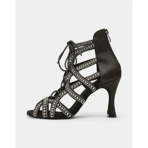 Women's Rhinestone Lace-Up Strappy Dance Shoes with Stiletto Heels and Suede Sole – Stylish Ballroom, Latin, and Salsa Performance Footwear