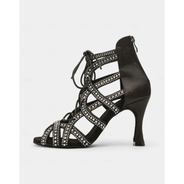 Women's Rhinestone Lace-Up Strappy Dance Shoes with Stiletto Heels and Suede Sole – Stylish Ballroom, Latin, and Salsa Performance Footwear