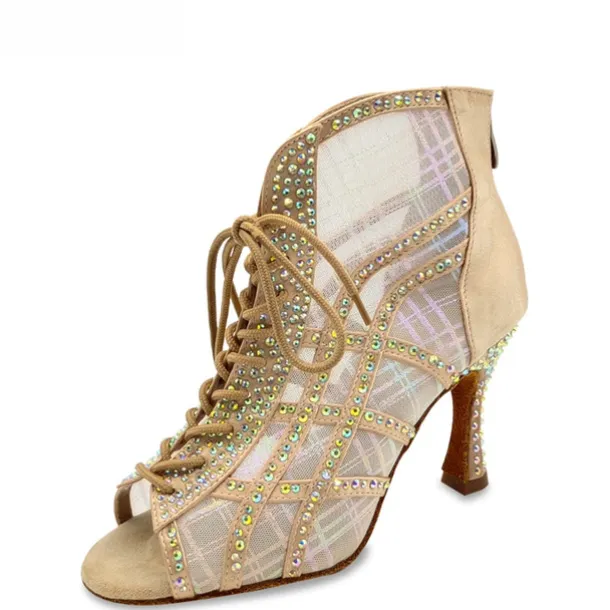 Women's Rhinestone Lace-Up Mesh Latin Dance Shoes – Glitter High Heel Ballroom Sandals for Salsa, Party & Competition