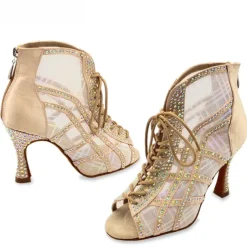 Women's Rhinestone Lace-Up Mesh Latin Dance Shoes – Glitter High Heel Ballroom Sandals for Salsa, Party & Competition