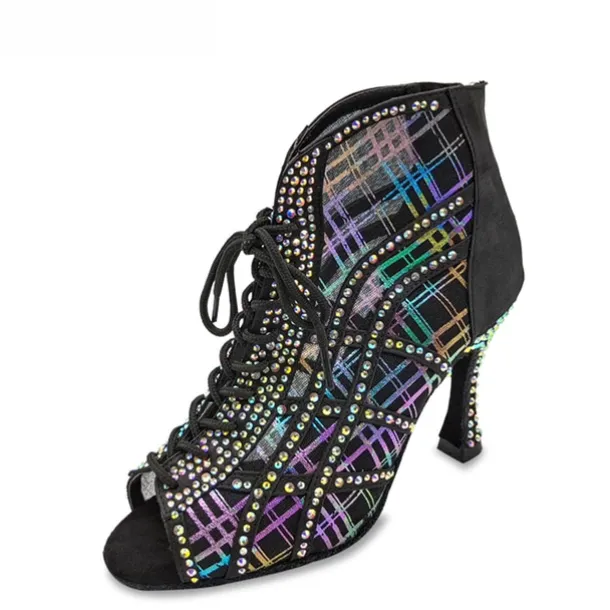 Women's Rhinestone Lace-Up Mesh Latin Dance Shoes – Glitter High Heel Ballroom Sandals for Salsa, Party & Competition