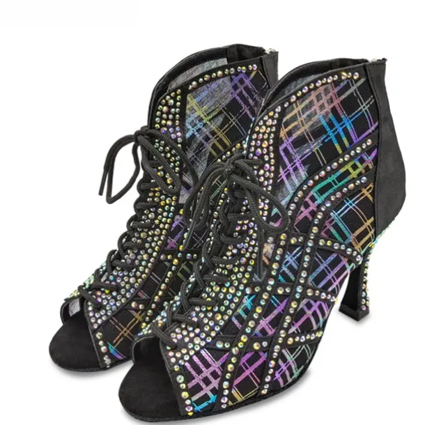 Women's Rhinestone Lace-Up Mesh Latin Dance Shoes – Glitter High Heel Ballroom Sandals for Salsa, Party & Competition