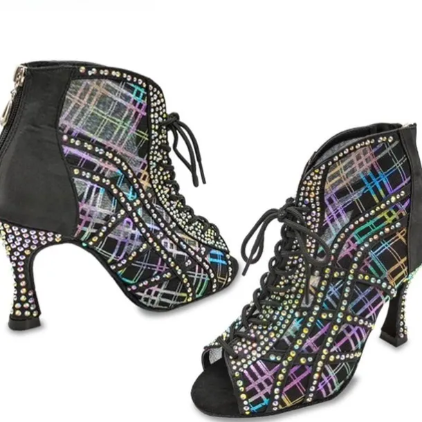 Women's Rhinestone Lace-Up Mesh Latin Dance Shoes – Glitter High Heel Ballroom Sandals for Salsa, Party & Competition