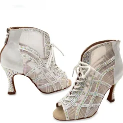 Women's Rhinestone Lace-Up Mesh Latin Dance Shoes – Glitter High Heel Ballroom Sandals for Salsa, Party & Competition