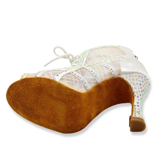 Women's Rhinestone Lace-Up Mesh Latin Dance Shoes – Glitter High Heel Ballroom Sandals for Salsa, Party & Competition