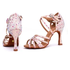 Women's Rhinestone Latin Dance Sandals with Soft Suede Sole – Strappy Ballroom Performance Heels for Salsa, Tango, and Party Events