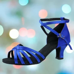 Women's Royal Blue Satin Latin Dance Shoes – Strappy Low Heel Ballroom Sandals for Beginners and Performance Practice