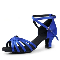 Women's Royal Blue Satin Latin Dance Shoes – Strappy Low Heel Ballroom Sandals for Beginners and Performance Practice