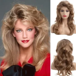 Womens 80s Blonde Wig Long Layered Blonde Wigs with Bangs 80s Vintage Cosplay Costume Disco Hair Wig Carnival Party Wigs Halloween Wigs
