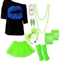 Women's 80s Costumes Outfit 1980s T-Shirts Accessories Set Tee Tutu Skirt Earrings Necklace Bracelets Fishnet Gloves Legwarmers Headband 8 Pcs