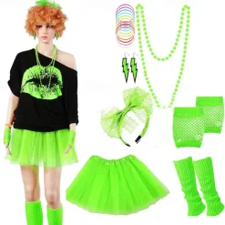 Women's 80s Costumes Outfit 1980s T-Shirts Accessories Set Tee Tutu Skirt Earrings Necklace Bracelets Fishnet Gloves Legwarmers Headband 8 Pcs