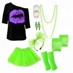 Women's 80s Costumes Outfit 1980s T-Shirts Accessories Set Tee Tutu Skirt Earrings Necklace Bracelets Fishnet Gloves Legwarmers Headband 8 Pcs