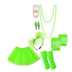 Women's 80s Costumes Outfit 1980s T-Shirts Accessories Set Tee Tutu Skirt Earrings Necklace Bracelets Fishnet Gloves Legwarmers Headband 8 Pcs