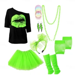 Women's 80s Costumes Outfit 1980s T-Shirts Accessories Set Tee Tutu Skirt Earrings Necklace Bracelets Fishnet Gloves Legwarmers Headband 8 Pcs