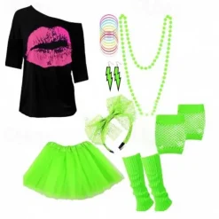 Women's 80s Costumes Outfit 1980s T-Shirts Accessories Set Tee Tutu Skirt Earrings Necklace Bracelets Fishnet Gloves Legwarmers Headband 8 Pcs