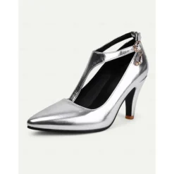Women's 1980s Elegant Metallic Silver T-Strap Heels with Pointed Toe and Buckle Detail – Perfect for Evening Parties or Formal Events