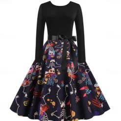 Women's 1950s Flare Dress Swing Dress Sugar Skull Pumpkin Adults' Cocktail Dress Retro Vintage Long Sleeves