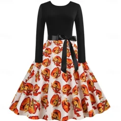 Women's 1950s Flare Dress Swing Dress Sugar Skull Pumpkin Adults' Cocktail Dress Retro Vintage Long Sleeves