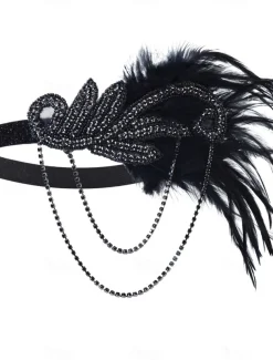 Women's 1920s Gatsby Flapper Headband - Rhinestone Feather Hair Accessory with Chains for Retro Themed Parties and Roaring Twenties Events