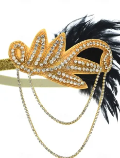 Women's 1920s Gatsby Flapper Headband - Rhinestone Feather Hair Accessory with Chains for Retro Themed Parties and Roaring Twenties Events