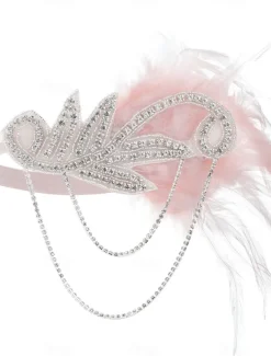 Women's 1920s Gatsby Flapper Headband - Rhinestone Feather Hair Accessory with Chains for Retro Themed Parties and Roaring Twenties Events