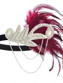 Women's 1920s Gatsby Flapper Headband - Rhinestone Feather Hair Accessory with Chains for Retro Themed Parties and Roaring Twenties Events