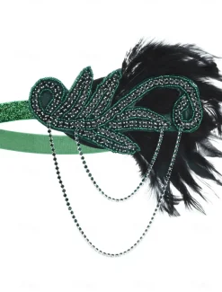 Women's 1920s Gatsby Flapper Headband - Rhinestone Feather Hair Accessory with Chains for Retro Themed Parties and Roaring Twenties Events