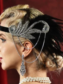 Women's 1920s Gatsby Flapper Headband - Rhinestone Feather Hair Accessory with Chains for Retro Themed Parties and Roaring Twenties Events