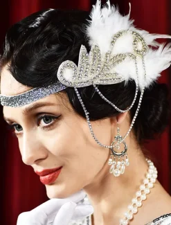 Women's 1920s Gatsby Flapper Headband - Rhinestone Feather Hair Accessory with Chains for Retro Themed Parties and Roaring Twenties Events