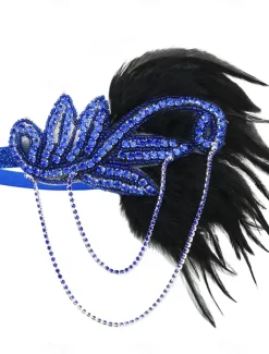 Women's 1920s Gatsby Flapper Headband - Rhinestone Feather Hair Accessory with Chains for Retro Themed Parties and Roaring Twenties Events