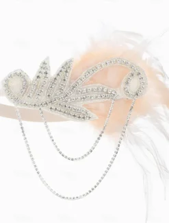 Women's 1920s Gatsby Flapper Headband - Rhinestone Feather Hair Accessory with Chains for Retro Themed Parties and Roaring Twenties Events