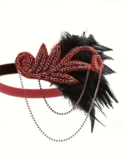 Women's 1920s Gatsby Flapper Headband - Rhinestone Feather Hair Accessory with Chains for Retro Themed Parties and Roaring Twenties Events