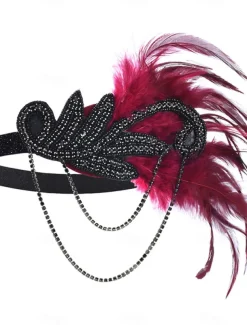 Women's 1920s Gatsby Flapper Headband - Rhinestone Feather Hair Accessory with Chains for Retro Themed Parties and Roaring Twenties Events