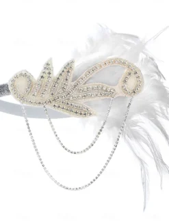 Women's 1920s Gatsby Flapper Headband - Rhinestone Feather Hair Accessory with Chains for Retro Themed Parties and Roaring Twenties Events