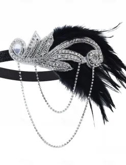 Women's 1920s Gatsby Flapper Headband - Rhinestone Feather Hair Accessory with Chains for Retro Themed Parties and Roaring Twenties Events