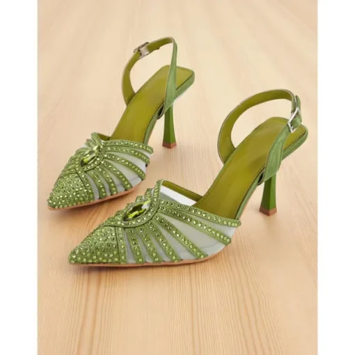 Women's 1920s Gatsby-Inspired Green Rhinestone High Heels – Art Deco Mesh Slingback Party Shoes for Cocktail or Retro Events