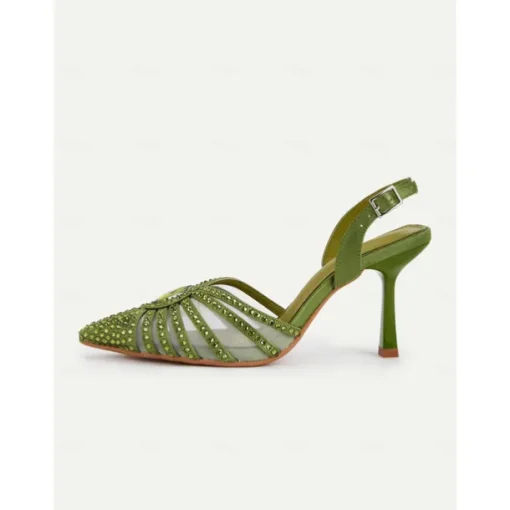 Women's 1920s Gatsby-Inspired Green Rhinestone High Heels – Art Deco Mesh Slingback Party Shoes for Cocktail or Retro Events