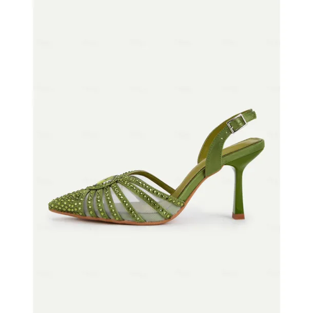 Women's 1920s Gatsby-Inspired Green Rhinestone High Heels – Art Deco Mesh Slingback Party Shoes for Cocktail or Retro Events