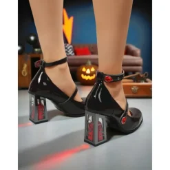 Women's 1980s Gothic Mary Jane Heels - Black Patent Double Strap Shoes with Skull Block Heels for Halloween, Cosplay, and Retro Horror Parties