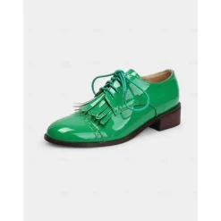 Women's 1950s Green Patent Leather Oxford Shoes – Retro Lace-Up Brogues with Fringe Detail for Spring Outfits or Garden Parties