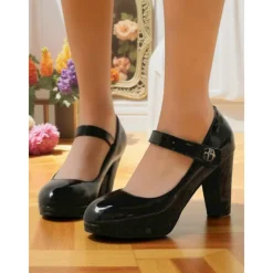 Women's 1950s Lilac Mary Jane Pumps - Glossy Chunky Heel Dress Shoes with Adjustable Strap for Retro-Inspired Outfits, Tea Parties, and Office Wear