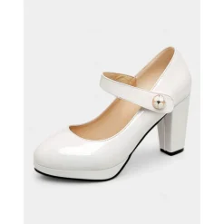 Women's 1950s Lilac Mary Jane Pumps - Glossy Chunky Heel Dress Shoes with Adjustable Strap for Retro-Inspired Outfits, Tea Parties, and Office Wear