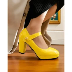 Women's 1950s Lilac Mary Jane Pumps - Glossy Chunky Heel Dress Shoes with Adjustable Strap for Retro-Inspired Outfits, Tea Parties, and Office Wear