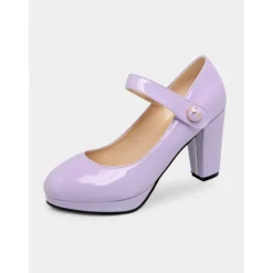 Women's 1950s Lilac Mary Jane Pumps - Glossy Chunky Heel Dress Shoes with Adjustable Strap for Retro-Inspired Outfits, Tea Parties, and Office Wear
