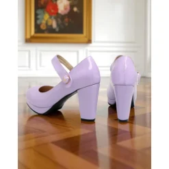 Women's 1950s Lilac Mary Jane Pumps - Glossy Chunky Heel Dress Shoes with Adjustable Strap for Retro-Inspired Outfits, Tea Parties, and Office Wear