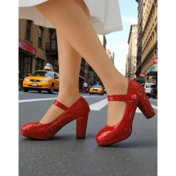 Women's 1950s Lilac Mary Jane Pumps - Glossy Chunky Heel Dress Shoes with Adjustable Strap for Retro-Inspired Outfits, Tea Parties, and Office Wear