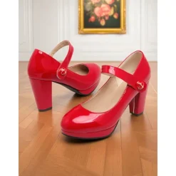 Women's 1950s Lilac Mary Jane Pumps - Glossy Chunky Heel Dress Shoes with Adjustable Strap for Retro-Inspired Outfits, Tea Parties, and Office Wear