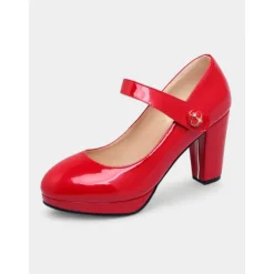 Women's 1950s Lilac Mary Jane Pumps - Glossy Chunky Heel Dress Shoes with Adjustable Strap for Retro-Inspired Outfits, Tea Parties, and Office Wear